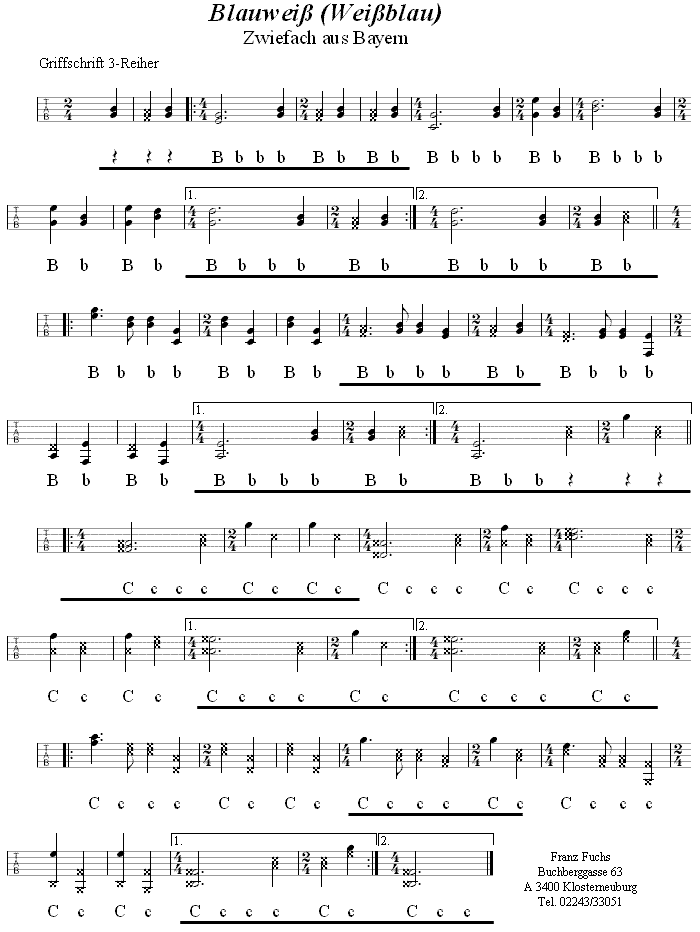 Weißblau oder Blauweiß Zwiefacher in Griffschrift für Steirische Harmonika