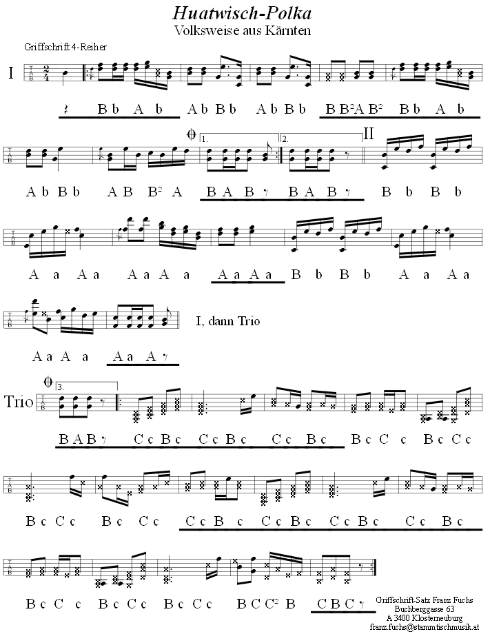 Huatwisch-Polka (Polka aus Kärnten), in Griffschrift für Steirische Harmonika