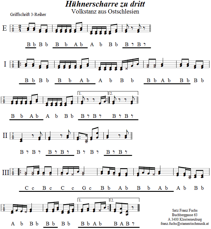 Hühnerscharre zu dritt, in Griffschrift für Steirische Harmonika