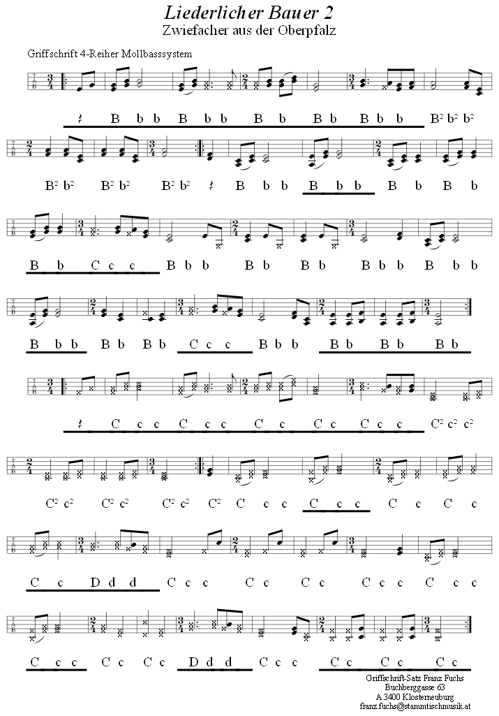 Liederlicher Bauer 2, in Griffschrift für Steirische Harmonika