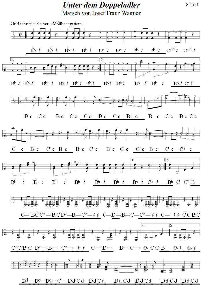 Unter dem Doppeladler, Marsch von Josef Franz Wagner in Griffschrift für Steirische Harmonika