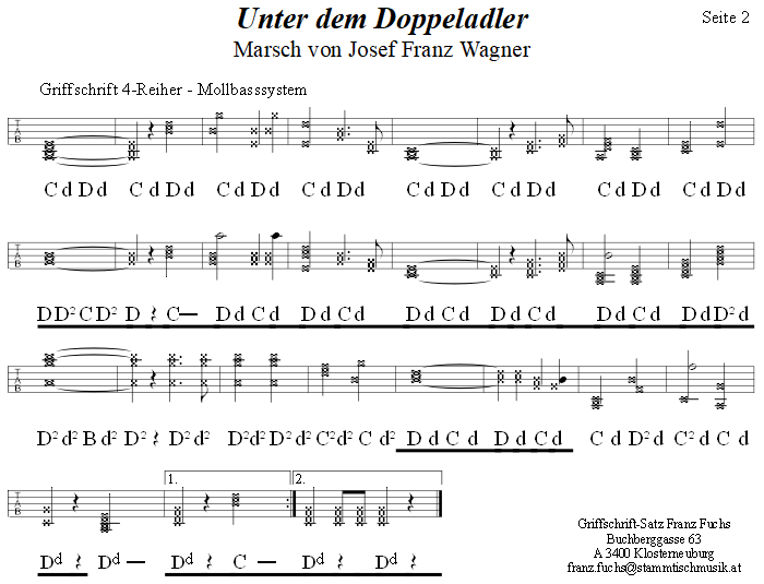 Unter dem Doppeladler, Marsch von Josef Franz Wagner in Griffschrift für Steirische Harmonika