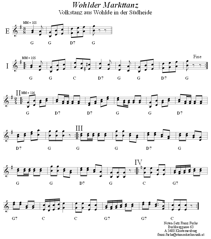 Wohlder Markttanz, Volkstanznoten